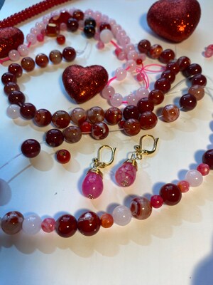 Valentine Red Agate and Pink Rose Quartz  Stretch Bracelet - image5